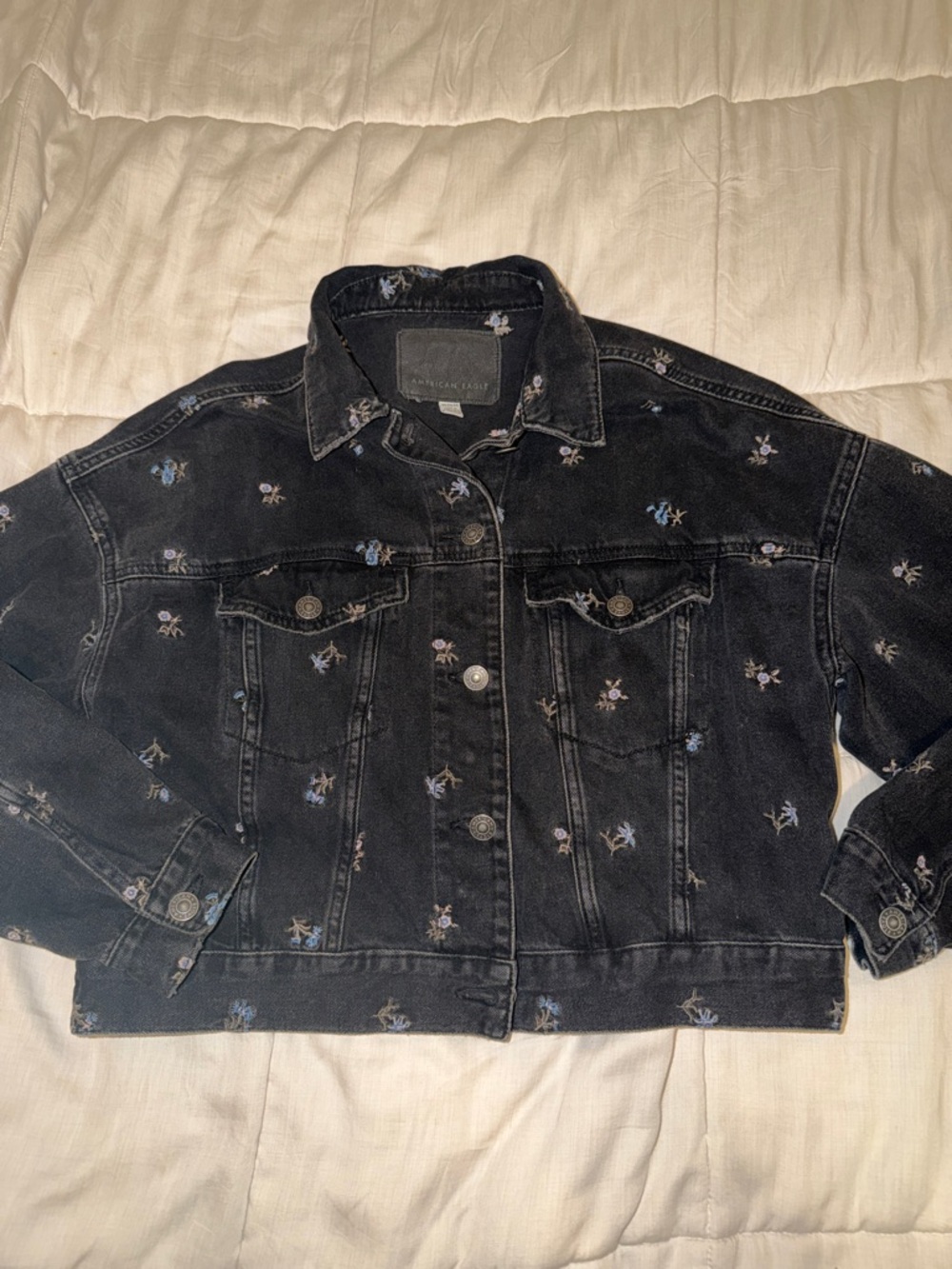 American Eagle Black Denim Jacket with Blue & White Floral Embroidery